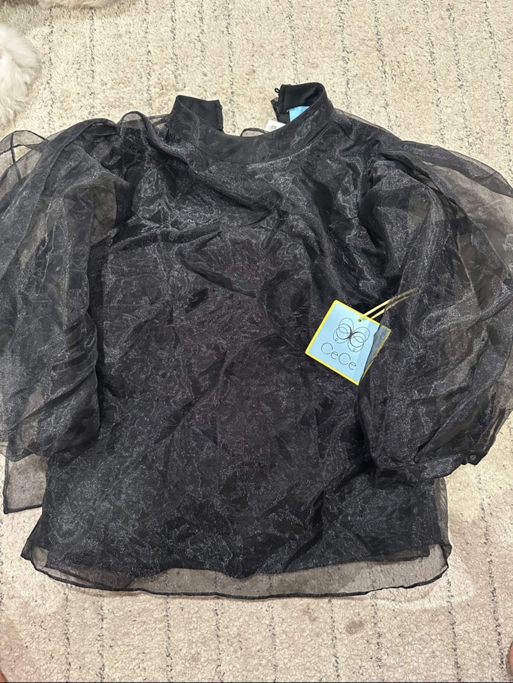 CeCe Black Sheer Organza Puff Sleeve Top
